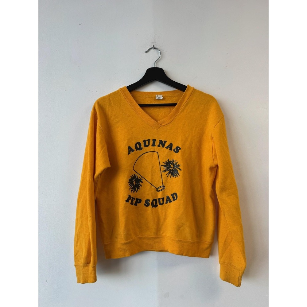 Vintage Aquinas Pep Squad Sweatshirt Womens Medium Yellow V Neck Cheerleader 80s